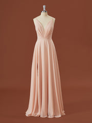 Fancy Outfit, A-line Chiffon V-neck Pleated Floor-Length Bridesmaid Dress
