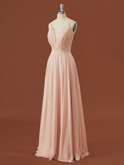 Party Dress Midi With Sleeves, A-line Chiffon V-neck Pleated Floor-Length Bridesmaid Dress