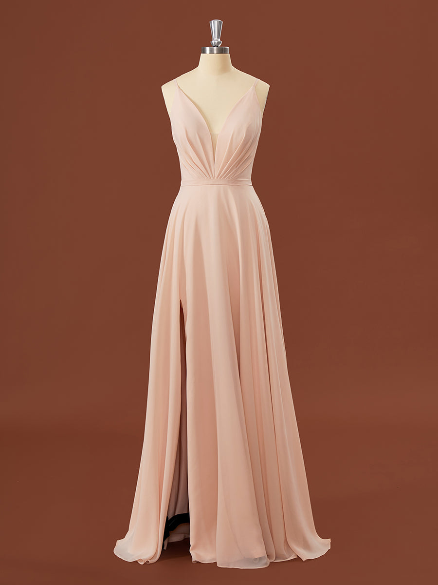 Prom 2040, A-line Chiffon V-neck Pleated Floor-Length Bridesmaid Dress