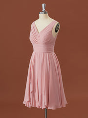 Formal Dresses For Middle School, A-line Chiffon V-neck Pleated Short/Mini Bridesmaid Dress