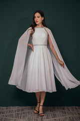 Party Dresses Shopping, A-Line Crew Tea Length Chiffon Beaded Waist Mother of The Bride Dresses