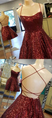 Prom Dresses 2034 Long Sleeve, A Line Criss Cross Straps Back Burgundy Sequins Homecoming Dress
