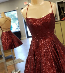 Prom Dresses Blushes, A Line Criss Cross Straps Back Burgundy Sequins Homecoming Dress