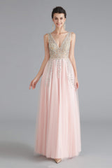 Homecoming Dresses, A Line Crystal Pink Split V Neck Backless Beaded Prom Dresses