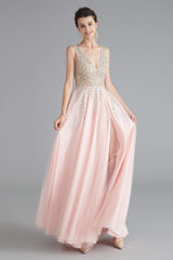 Homecoming Dresses Business Casual Outfits, A Line Crystal Pink Split V Neck Backless Beaded Prom Dresses