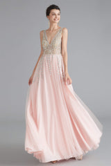 Sundress, A Line Crystal Pink Split V Neck Backless Beaded Prom Dresses