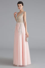 Hoco, A Line Crystal Pink Split V Neck Backless Beaded Prom Dresses
