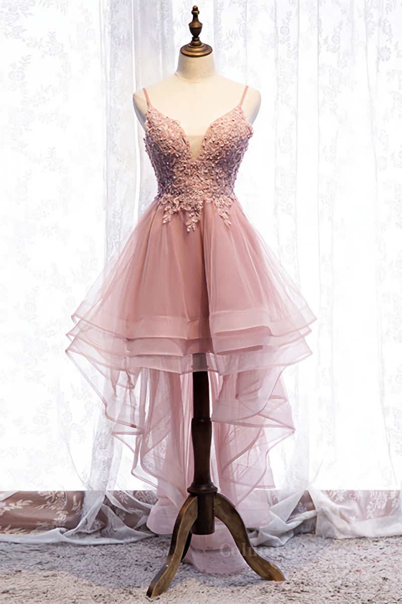 Prom Dresses Short, A-line Deep V Neck Beaded Appliques Multi-Layers Hi-Low Formal Dress