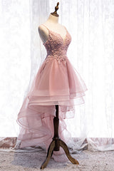 Prom Dress Ideas, A-line Deep V Neck Beaded Appliques Multi-Layers Hi-Low Formal Dress