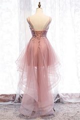Prom Dresses Under 103, A-line Deep V Neck Beaded Appliques Multi-Layers Hi-Low Formal Dress