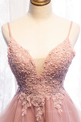Prom Dress Under 103, A-line Deep V Neck Beaded Appliques Multi-Layers Hi-Low Formal Dress
