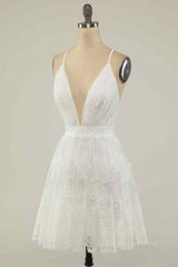 Long Sleeve Prom Dress, A-line Deep V Neck Crossed Back Embroidery Mini Homecoming Dress