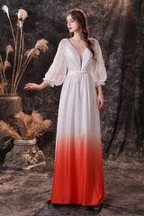 Bridesmaids Dresses Orange, A Line Deep V-Neck Long Sleeve Ombre Silk Like Floor Length Prom Dresses