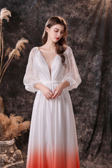 Bridesmaid Dress Orange, A Line Deep V-Neck Long Sleeve Ombre Silk Like Floor Length Prom Dresses