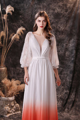 Bridesmaids Dresses Gold, A Line Deep V-Neck Long Sleeve Ombre Silk Like Floor Length Prom Dresses