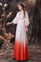 Bridesmaid Dresses Gold, A Line Deep V-Neck Long Sleeve Ombre Silk Like Floor Length Prom Dresses