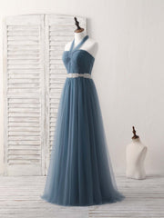 Party Dress For Cocktail, A-Line Gray Blue Tulle Long Bridesmaid Dress Gray Blue Prom Dress