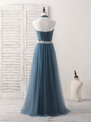 Party Dresses Summer Dresses 2034, A-Line Gray Blue Tulle Long Bridesmaid Dress Gray Blue Prom Dress