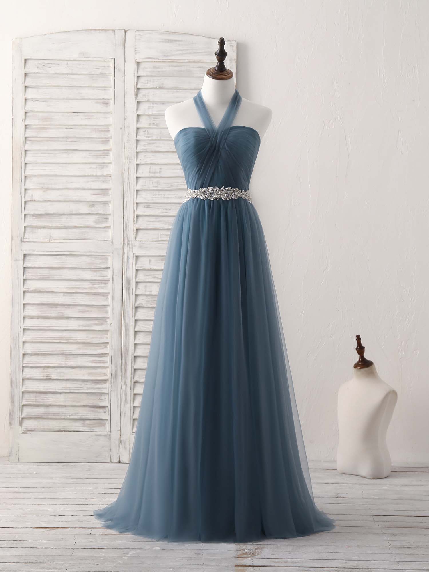 Party Dresses Mini, A-Line Gray Blue Tulle Long Bridesmaid Dress Gray Blue Prom Dress