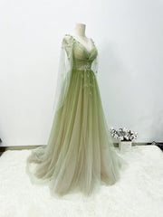 Floral Dress, A-line Green Gradient Puffy Sleeves Tulle Long Party Dress, Green Long Prom Dress