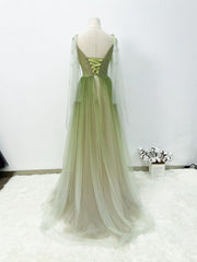 Yellow Prom Dress, A-line Green Gradient Puffy Sleeves Tulle Long Party Dress, Green Long Prom Dress