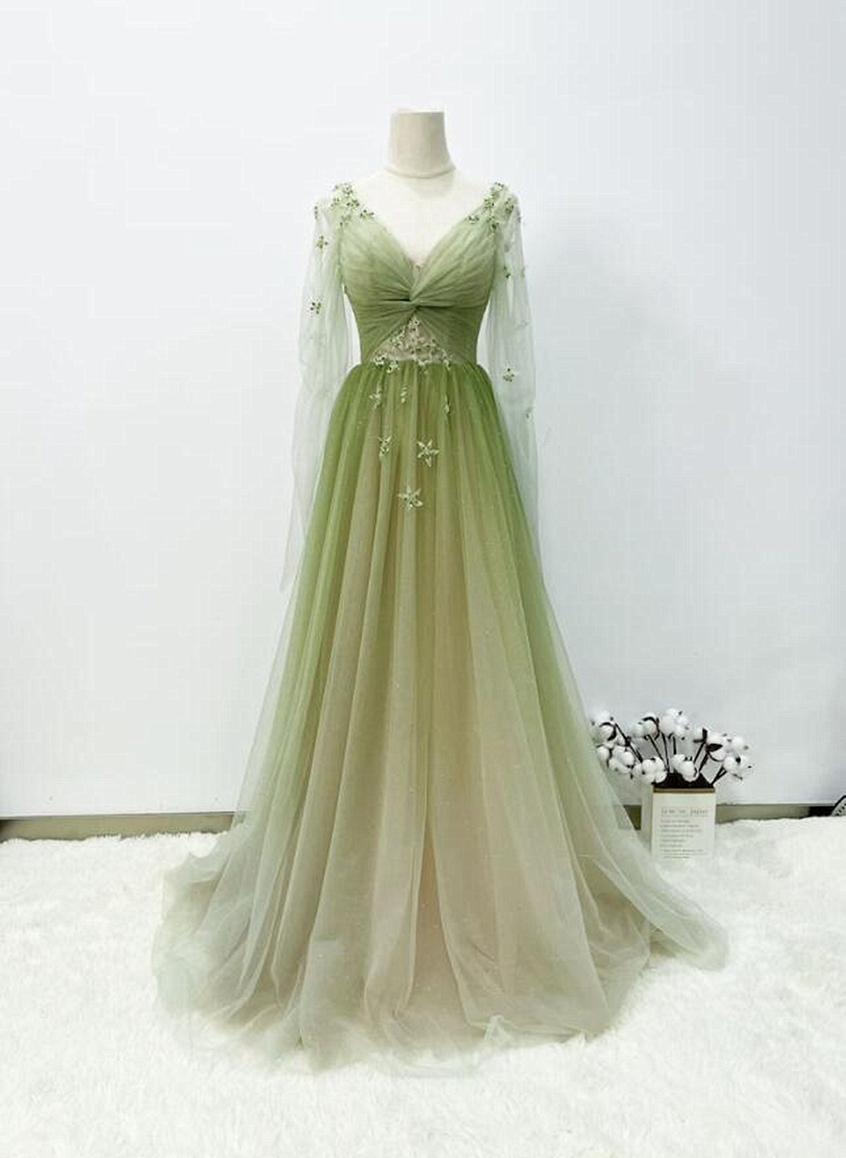 Green Dress, A-line Green Gradient Puffy Sleeves Tulle Long Party Dress, Green Long Prom Dress