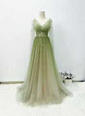 Green Dress, A-line Green Gradient Puffy Sleeves Tulle Long Party Dress, Green Long Prom Dress