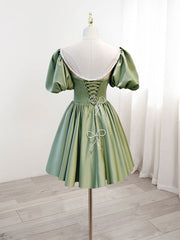Homecoming Dresses Pockets, A-Line Green Puffy Sleeve Satin Short Prom Dress, Green Short Formal Dress
