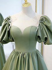 Homecoming Dress Pockets, A-Line Green Puffy Sleeve Satin Short Prom Dress, Green Short Formal Dress