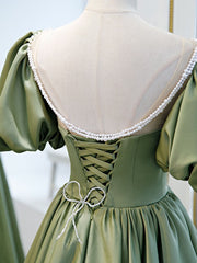 Homecoming Dresses Sparkle, A-Line Green Puffy Sleeve Satin Short Prom Dress, Green Short Formal Dress
