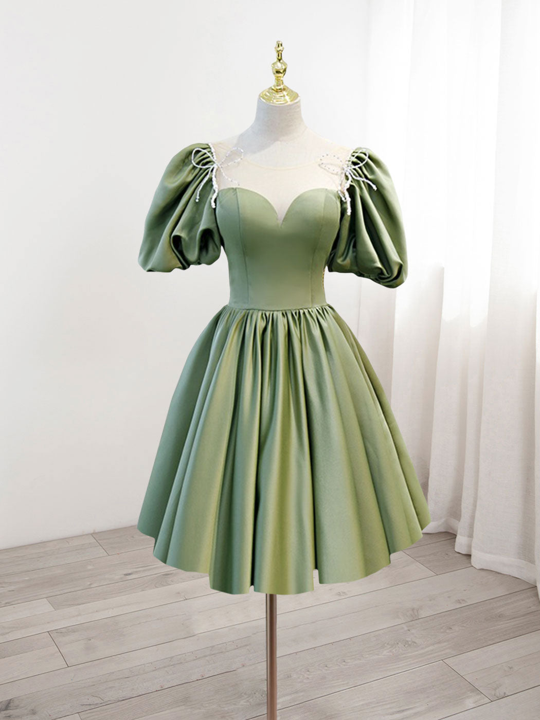 Homecoming Dress Tight, A-Line Green Puffy Sleeve Satin Short Prom Dress, Green Short Formal Dress