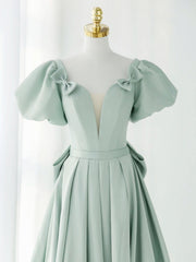 Homecomeing Dresses Black, A-Line Green Puffy Sleeve Short Prom Dress, Green Formal Dress