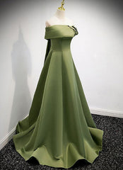 Bridesmaid Dresses Beach, A-line Green Satin Off Shoulder Long Evening Dress, Green Floor Length Prom Dress