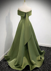 Bridesmaid Dresses Short, A-line Green Satin Off Shoulder Long Evening Dress, Green Floor Length Prom Dress