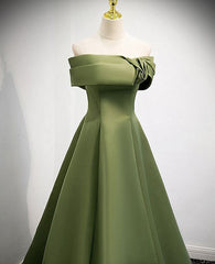 Bridesmaid Dresses By Color, A-line Green Satin Off Shoulder Long Evening Dress, Green Floor Length Prom Dress