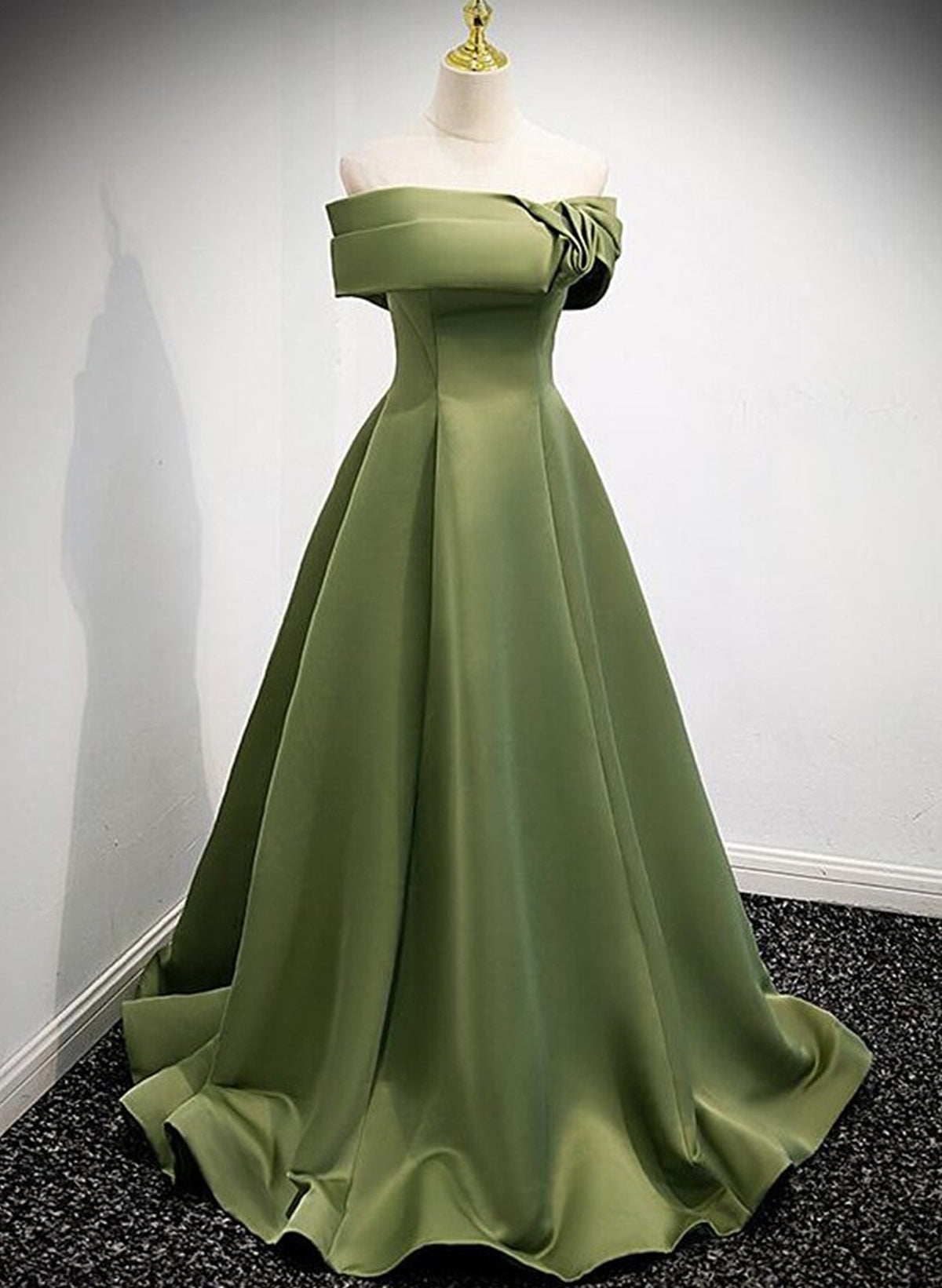 Bridesmaid Dress Custom, A-line Green Satin Off Shoulder Long Evening Dress, Green Floor Length Prom Dress