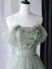 Party Dress Style Shop, A-Line Green Tulle Long Prom Dress,Unique Formal Evening Dresses
