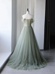 Party Dress In Store, A-Line Green Tulle Long Prom Dress,Unique Formal Evening Dresses