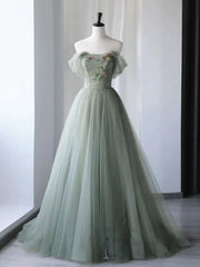 Party Dress On Line, A-Line Green Tulle Long Prom Dress,Unique Formal Evening Dresses