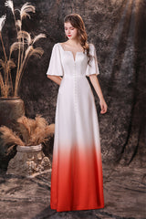 Bridesmaid Dresses Blues, A Line Half Sleeves Ombre Silk Like Satin Floor Length Prom Dresses