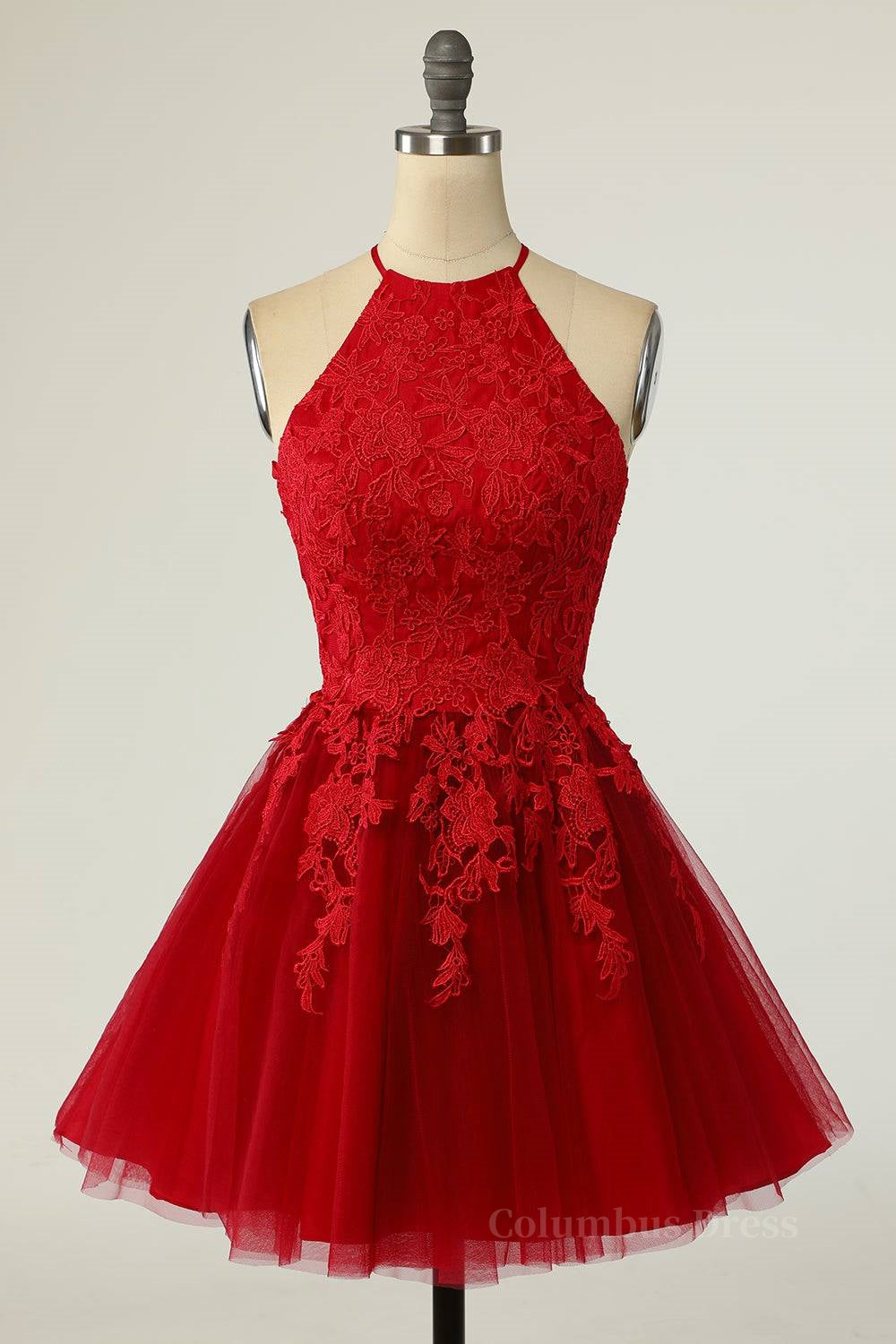 Party Dress Red Colour, A-line Halter Keyhole Back Applique Mini Homecoming Dress