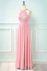 Party Dress For Summer, A-line Halter Lace Cut-Out Chiffon Long Bridesmaid Dress