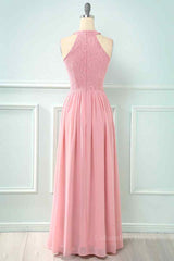 Party Dresses For Summer, A-line Halter Lace Cut-Out Chiffon Long Bridesmaid Dress