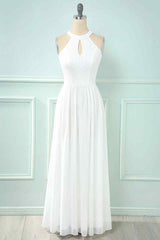 Party Dresses For Teenage Girls, A-line Halter Lace Cut-Out Chiffon Long Bridesmaid Dress