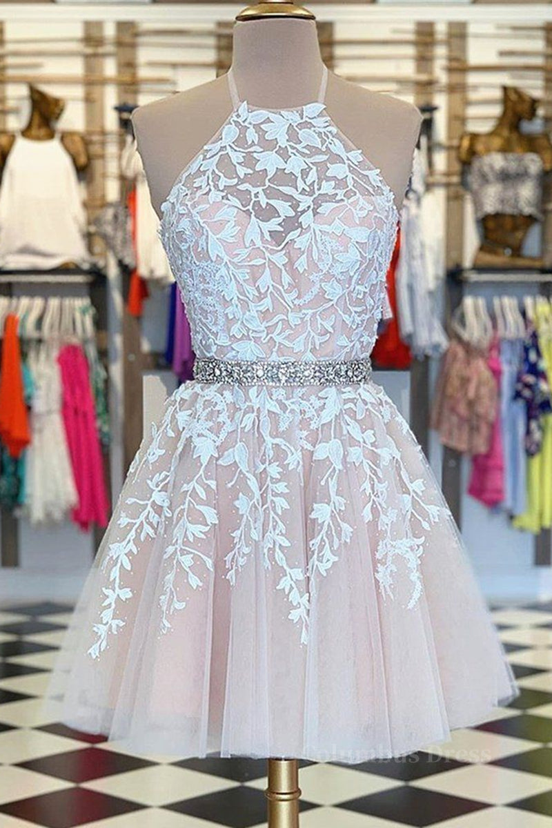 Ethereal Dress, A Line Halter Neck Short Pink Lace Prom Dress with Belt, Pink Lace Formal Graduation Homecoming Dress