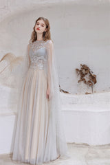 Evening Dresses Elegant Classy, A Line High Neck Sleeveless Beading Tulle Floor Length Prom Dresses