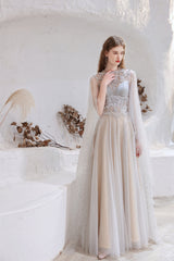 Evening Dress Elegant Classy, A Line High Neck Sleeveless Beading Tulle Floor Length Prom Dresses