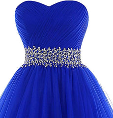 Homecoming Dresses Red, A Line Homecoming Dresses,Sweetheart Short Tulle Beaded Waist Royal Blue Cocktail Dress