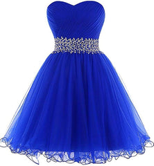 Homecoming Dresses Freshman, A Line Homecoming Dresses,Sweetheart Short Tulle Beaded Waist Royal Blue Cocktail Dress
