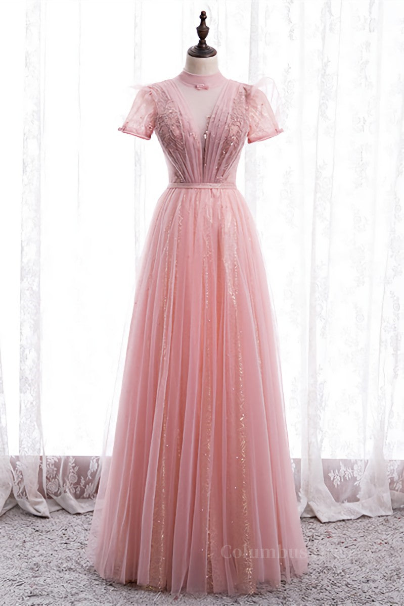 Homecoming Dresses Beautiful, A-line Illusion High Neck Beaded-Embroidery Maxi Formal Dress with Bow